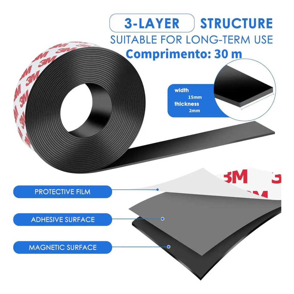 Perfil Magnético Adesivo 3M Fita Imã Flexível 15x2mm 30mts