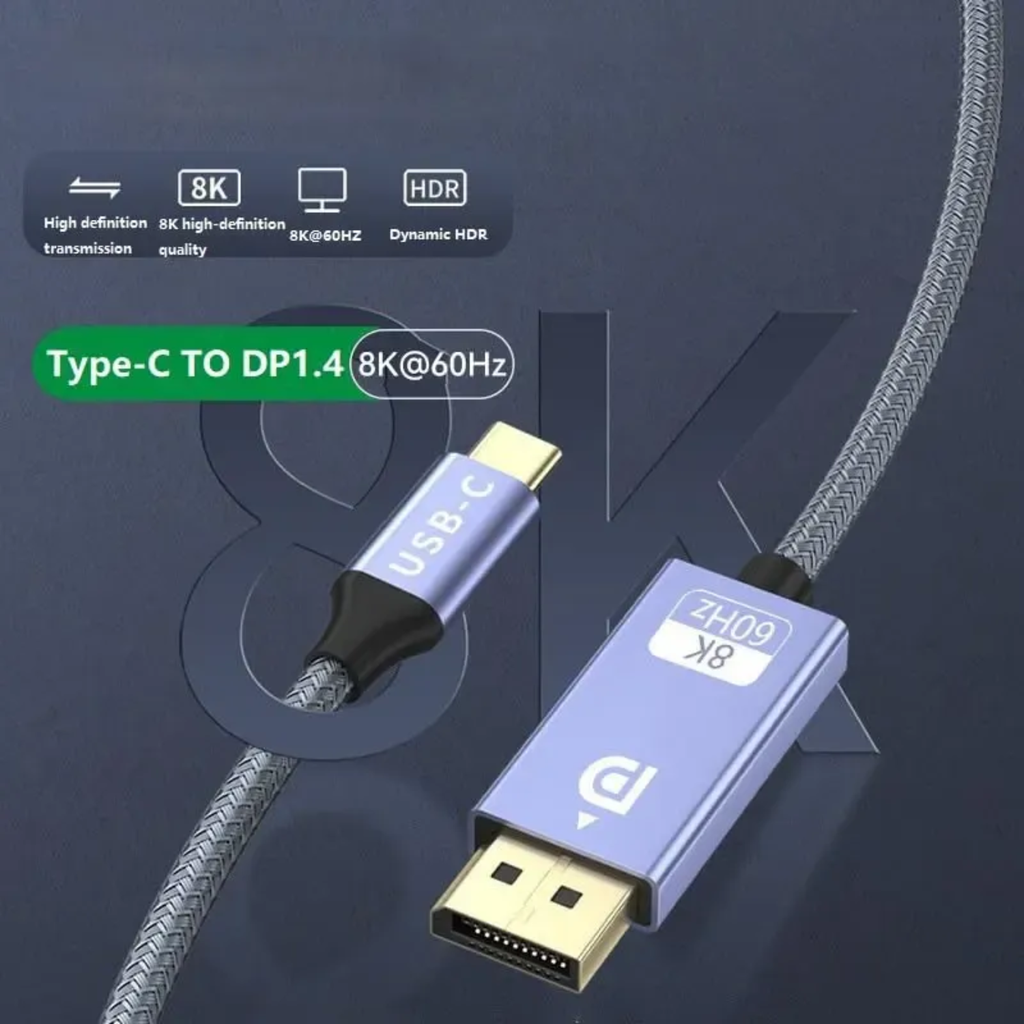 Cabo Monitor Usb Tipo C Para Dp 8k 60hz E 4k 144hz - 2 Metro