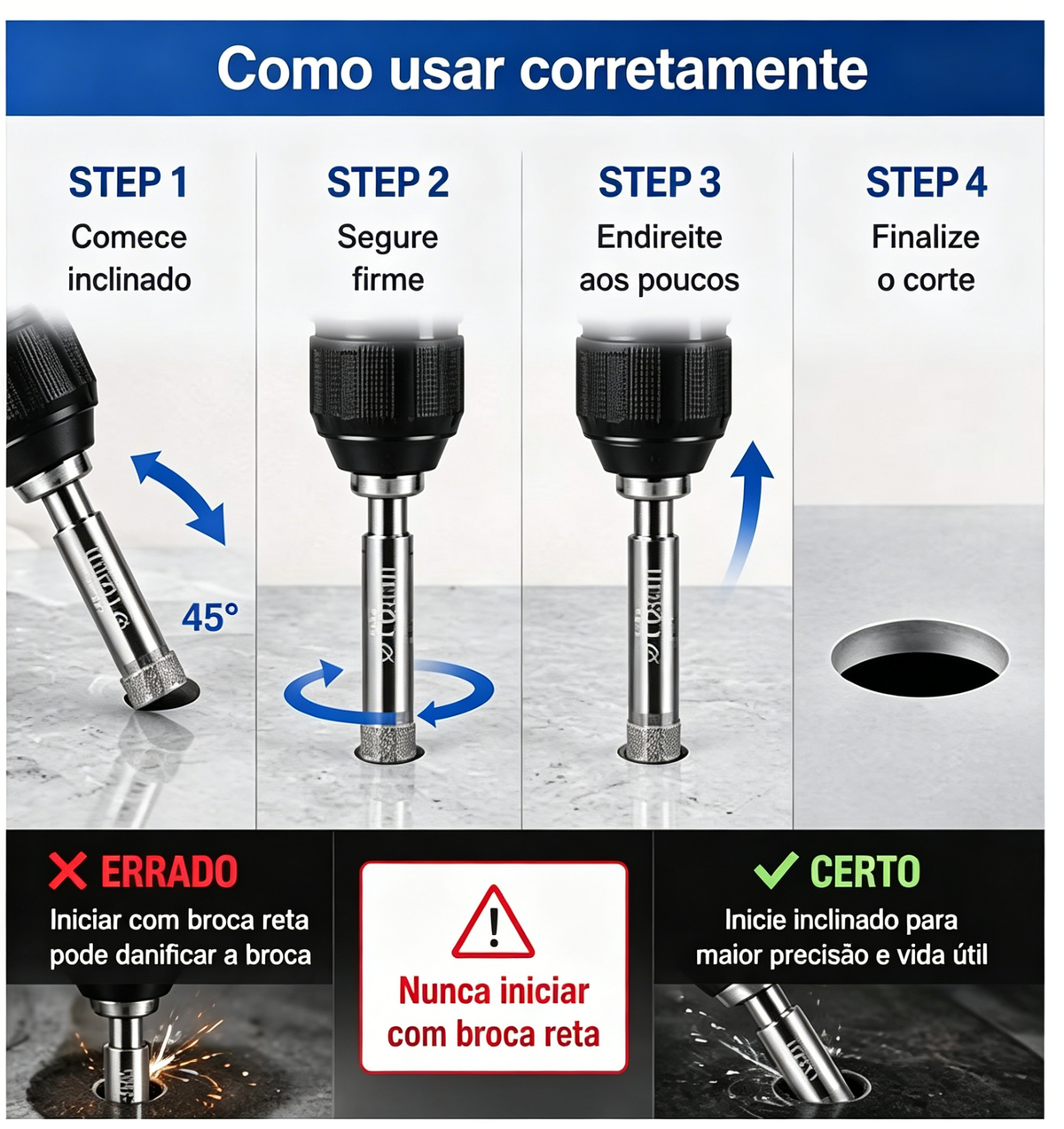 6 Brocas Serra Copo Diamantada 6-16mm Para Porcelanato Vidro