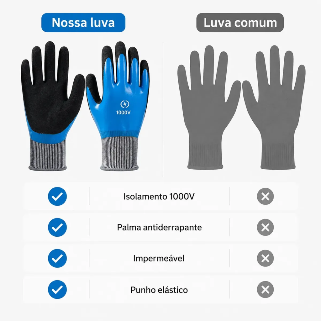 Luvas Isolante P/ Eletricista Borracha Suporta Tensão 1000v