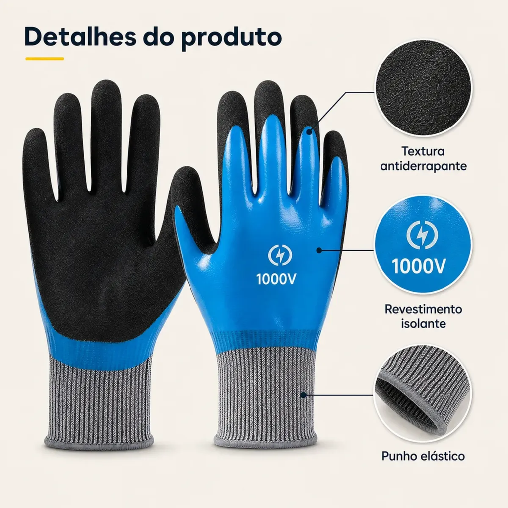 Luvas Isolante P/ Eletricista Borracha Suporta Tensão 1000v