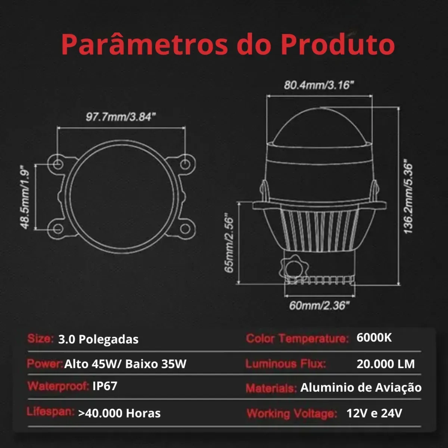 Farol Projetor 3'' Auxiliar Neblina Milha Universal Luz Hilo