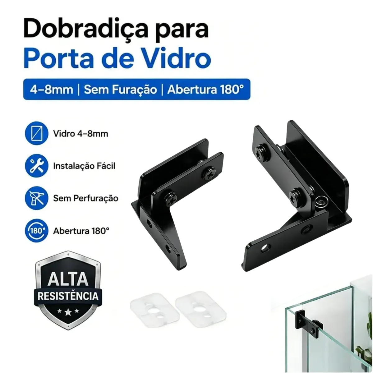1 Par Dobradiça Preto Pivotante Porta Vidro De Encaixe 4-8mm