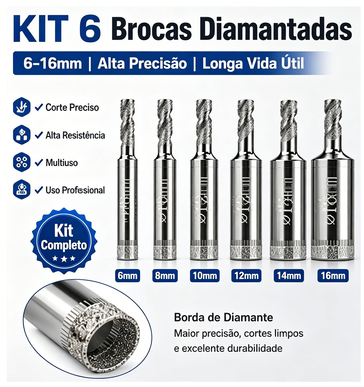 6 Brocas Serra Copo Diamantada 6-16mm Para Porcelanato Vidro