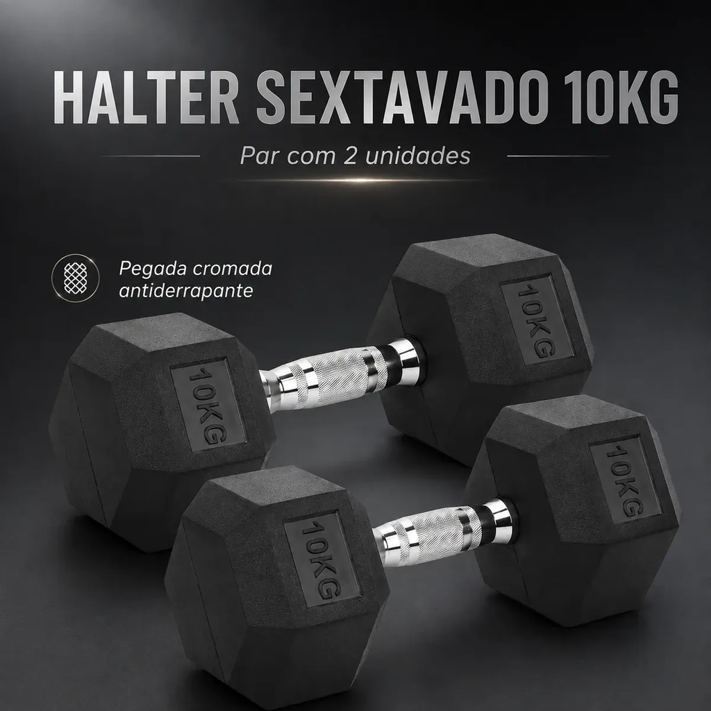 Halter 10kg Sextavado Emborrachado Pegada Cromada