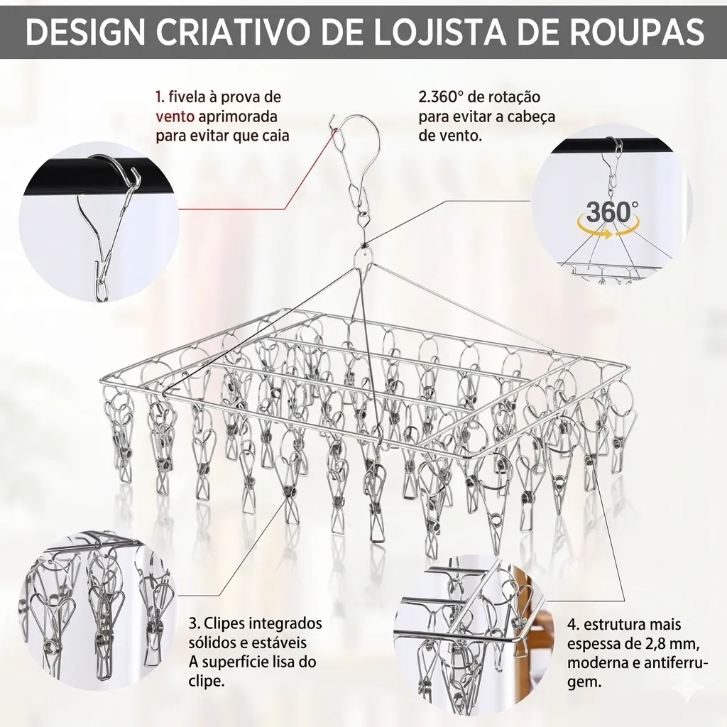 Kit 30 Prendedores Inox Clips Retrátil Prateado Varal
