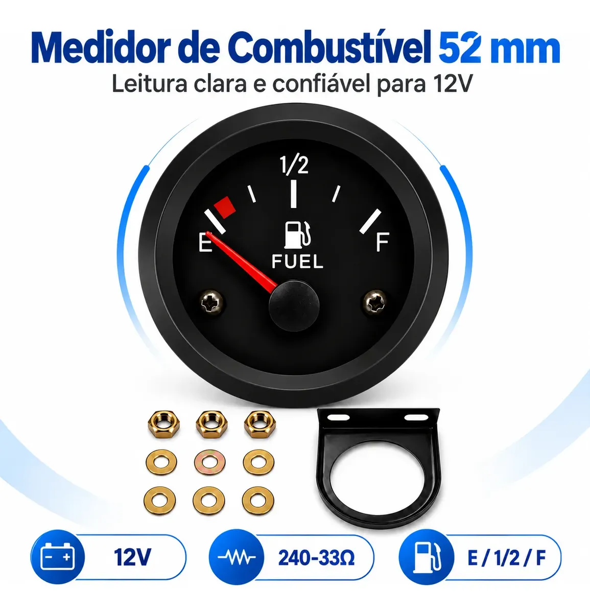 Marcador Nível De Combustível 12v Analógico Universal 52mm
