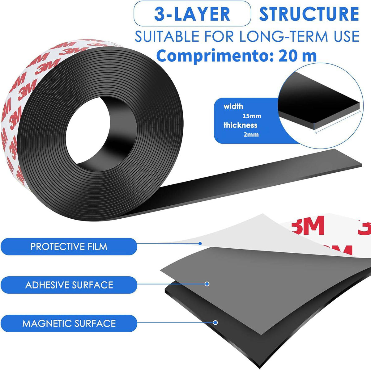 Perfil Magnético Adesivo 3m Fita Imã Flexível 15x2mm 20mts