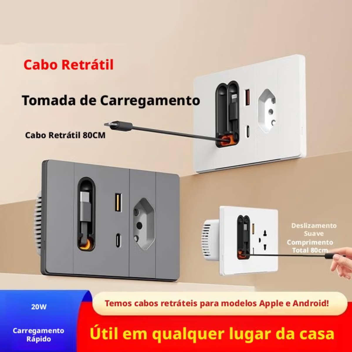 Carregador De Parede Retrátil De 20w Para Carregamento Rápido