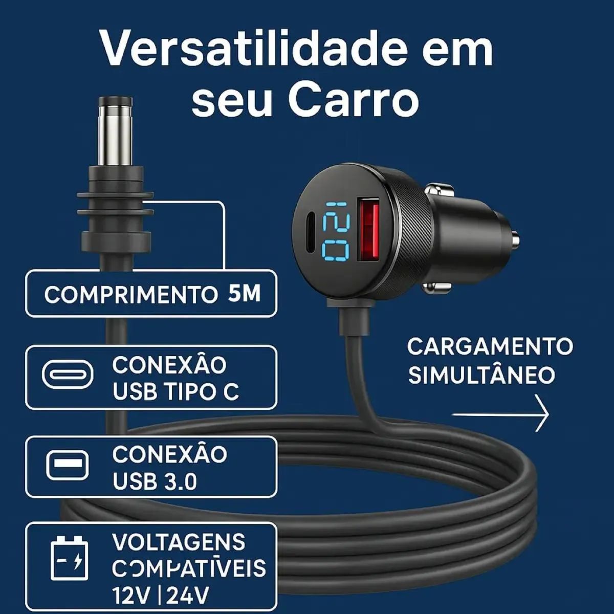 Cabo De Carregamento Veicular 3 Em 1 - 5M 12/24v
