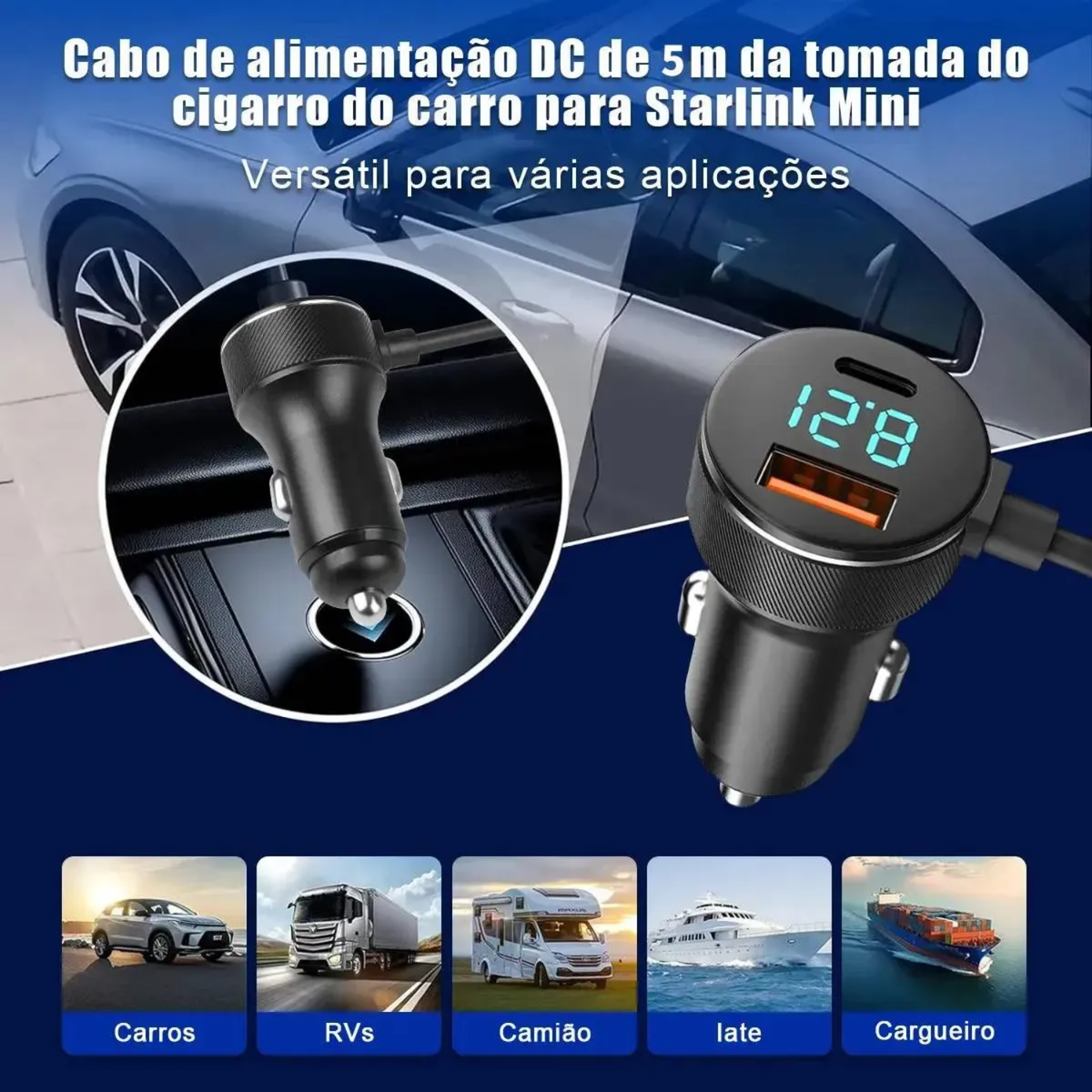 Cabo De Carregamento Veicular 3 Em 1 - 5M 12/24v