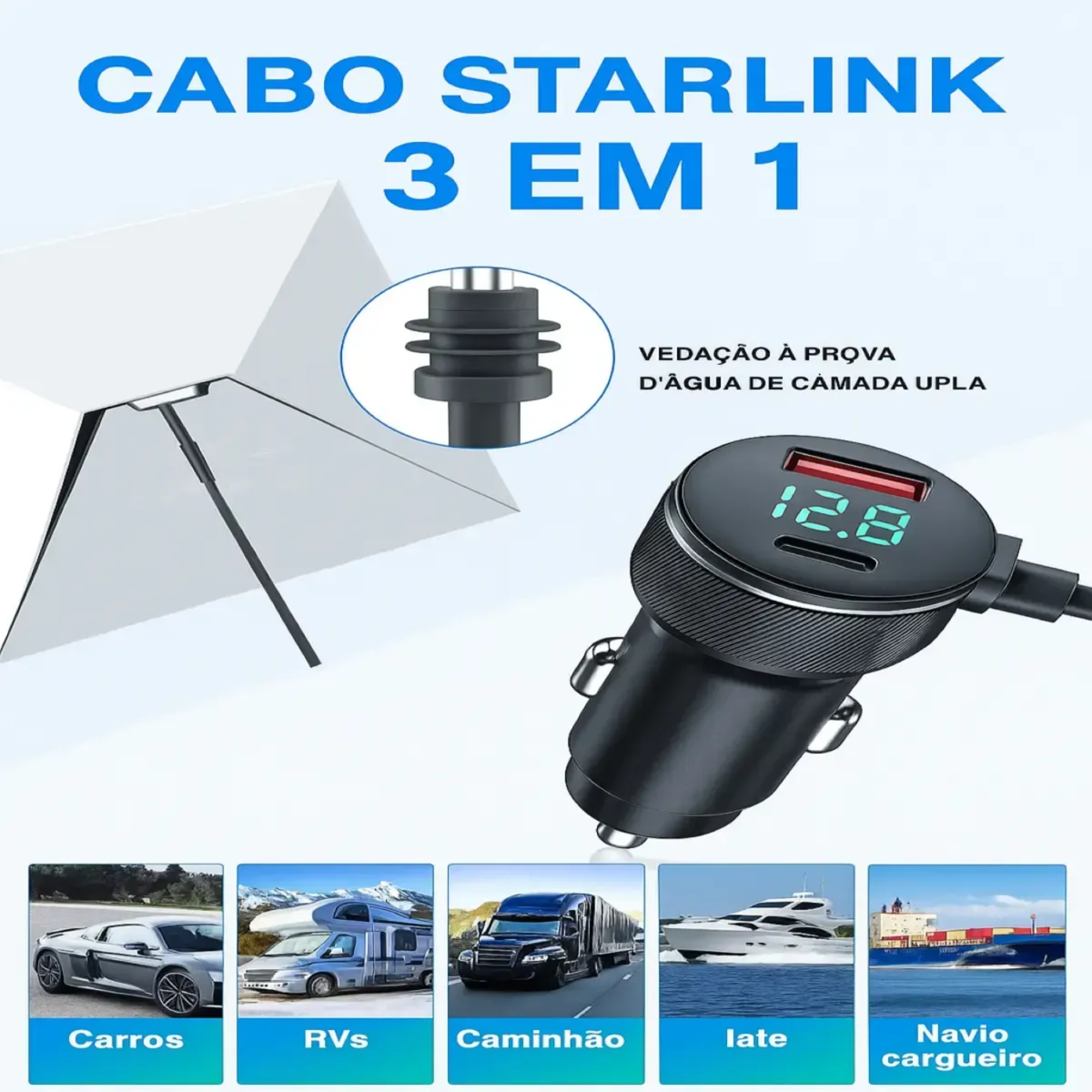 Cabo De Carregamento Veicular 3 Em 1 - 5M 12/24v