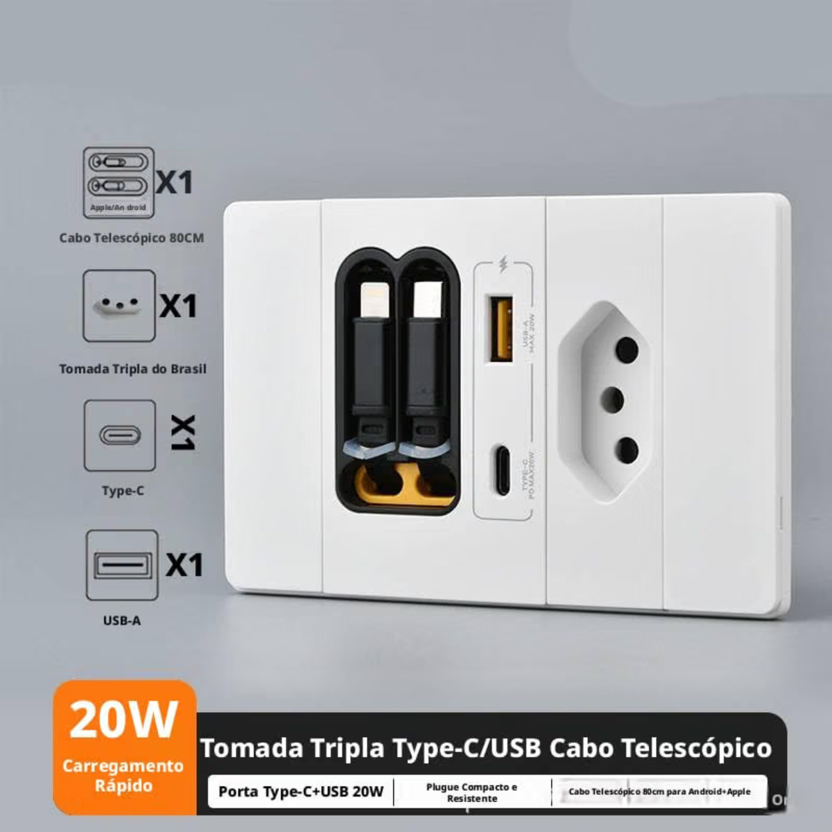 Carregador De Parede Retrátil De 20w Para Carregamento Rápido