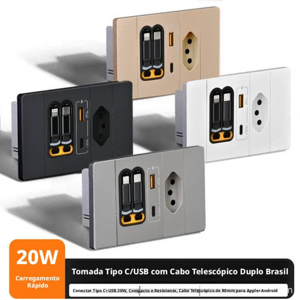 Carregador De Parede Retrátil De 20w Para Carregamento Rápido