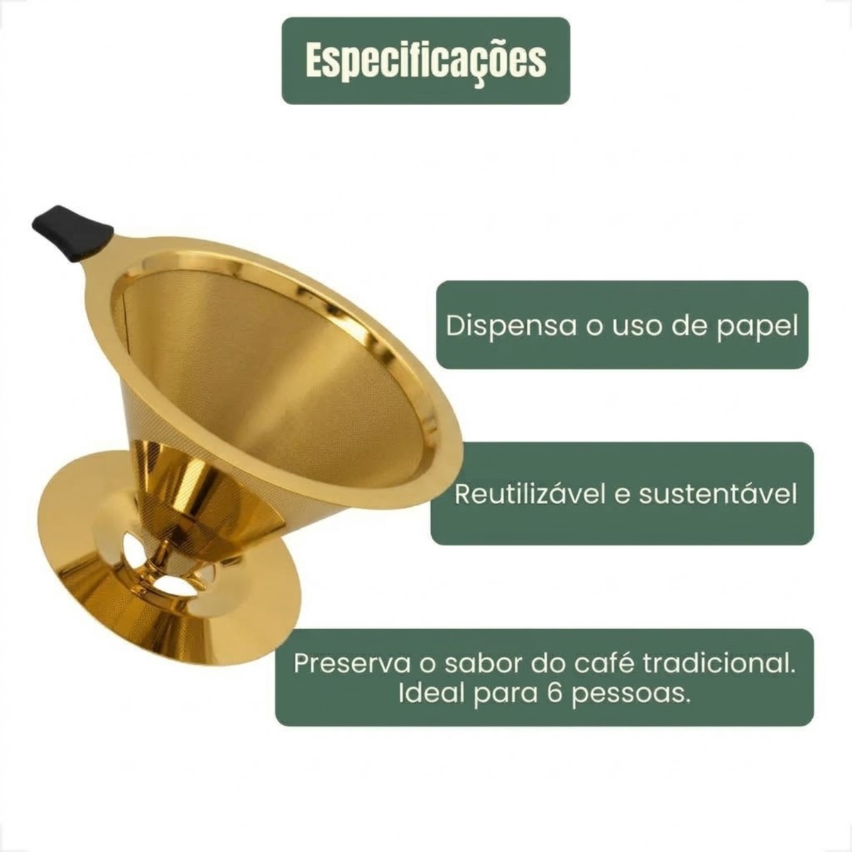 Coador Café Inox Dourado 106 Reutilizável Sem Filtro