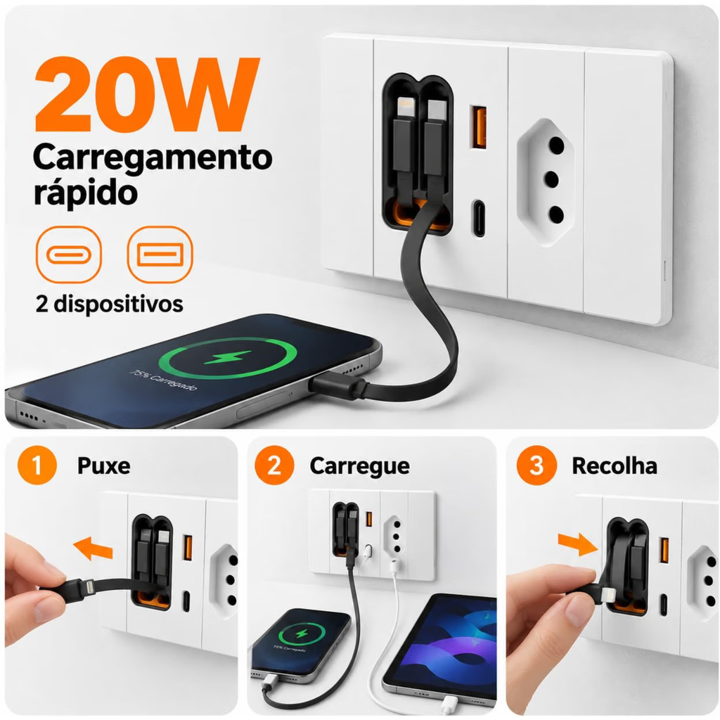 Carregador De Parede Retrátil De 20w Para Carregamento Rápido