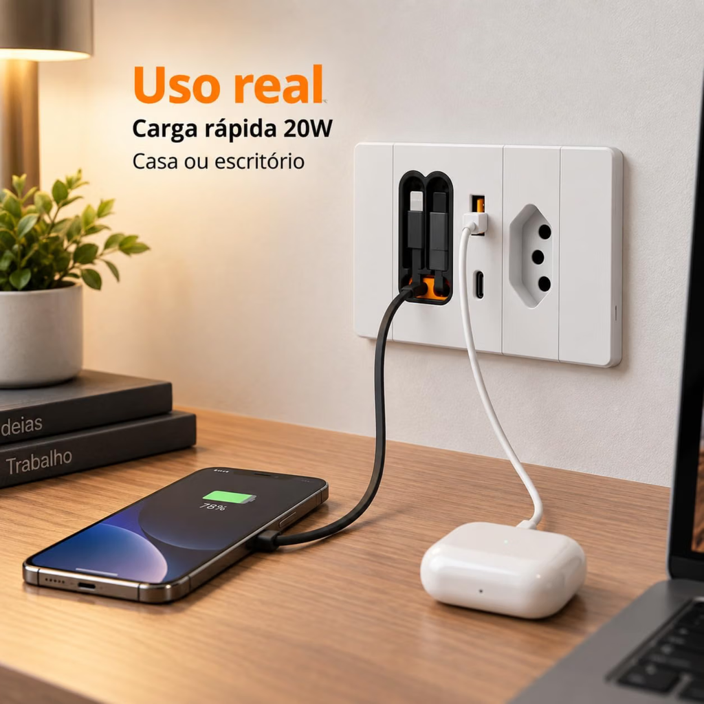 Carregador De Parede Retrátil De 20w Para Carregamento Rápido