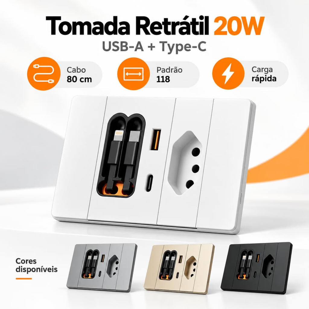 Carregador De Parede Retrátil De 20w Para Carregamento Rápido