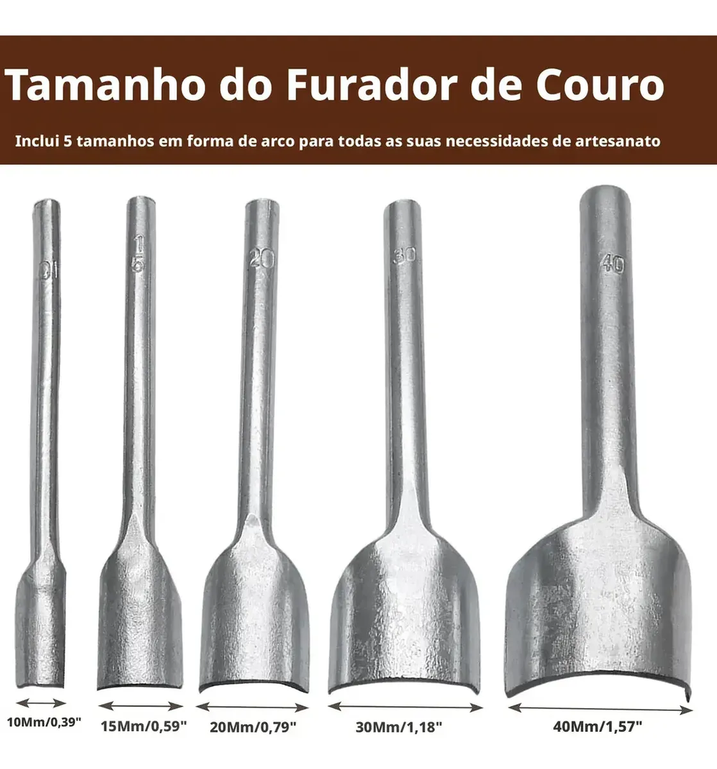 Kit 5 Cortador Vazador Meia Lua Semicírculo Couro Cintos