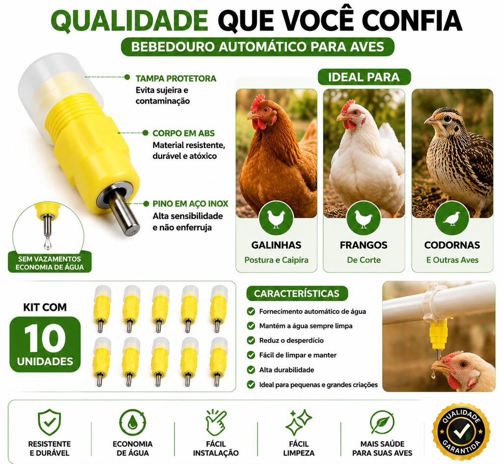 10 Unid Bebedouro Automático Tipo Niple Amarelo Para Aves