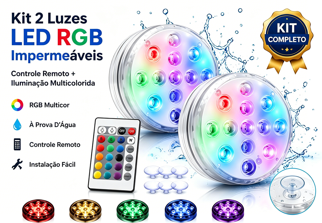 Kit 2 Luz Led Piscina Rgb Controle Remoto Pilha Ventosa
