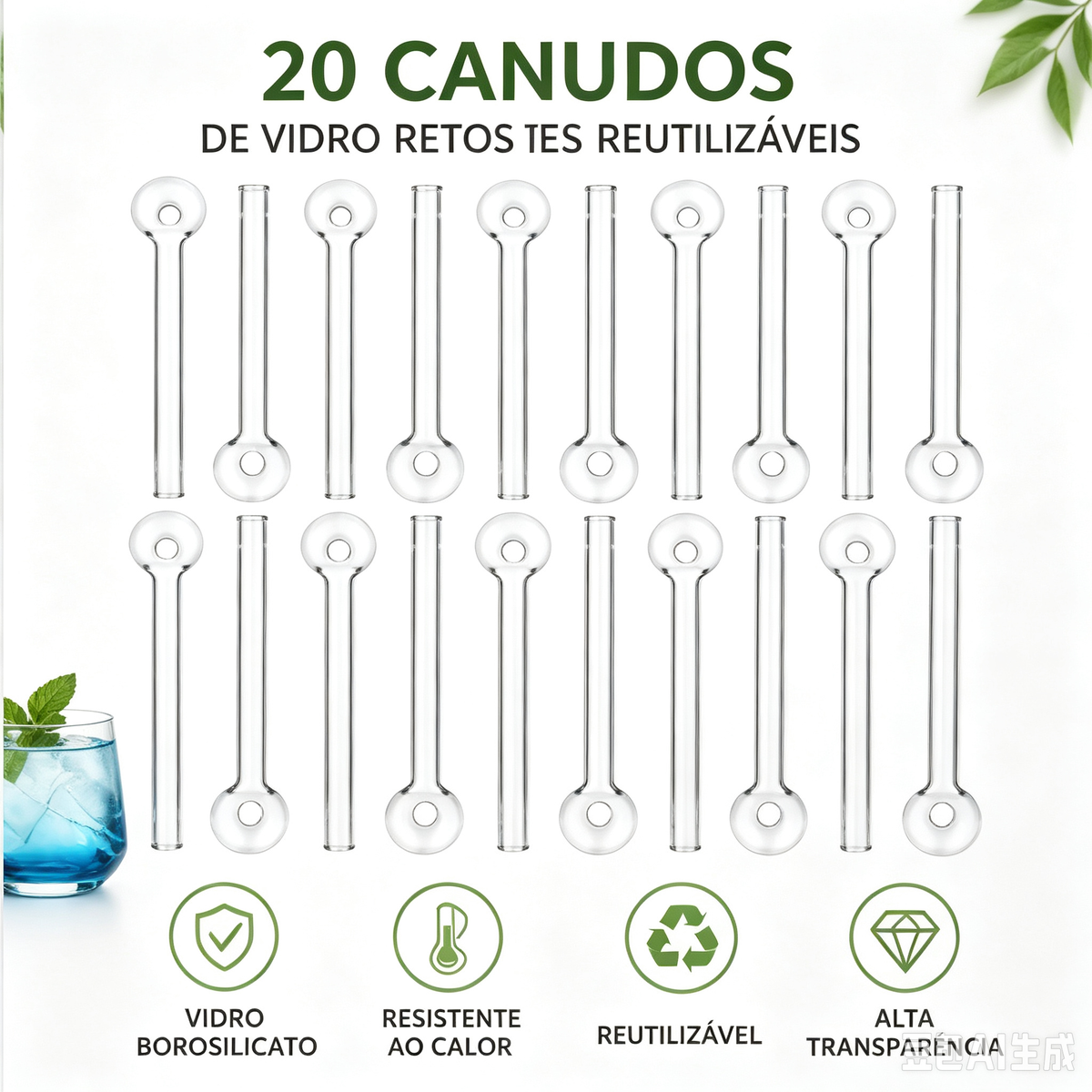 Conjunto De 20 Tubos De Vidro Retos Reutilizáveis