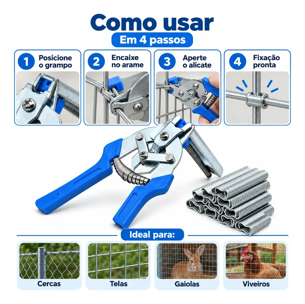 Alicate Aplicador De Grampo Fixar Telas Cercas Arames Gaiola