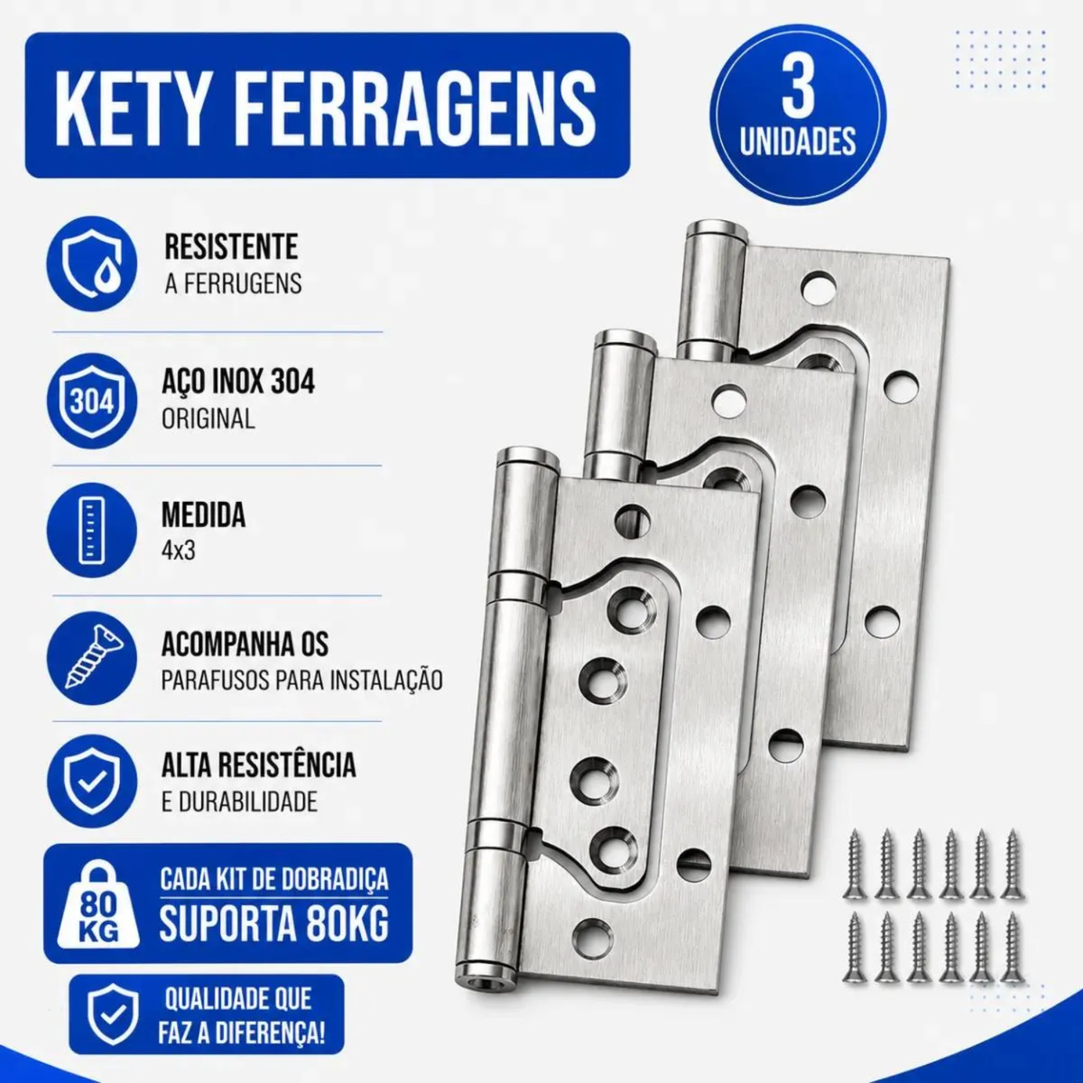 Kit 15 Peças Dobradiça Porta Sobrepor Aço Inox 4x3 Escovado