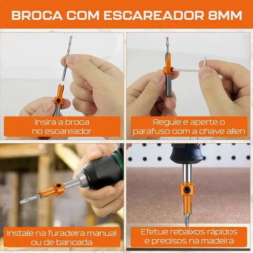Kit 3 Broca Com Escareador 28mm X 8mm Para Rebaixo Madeira