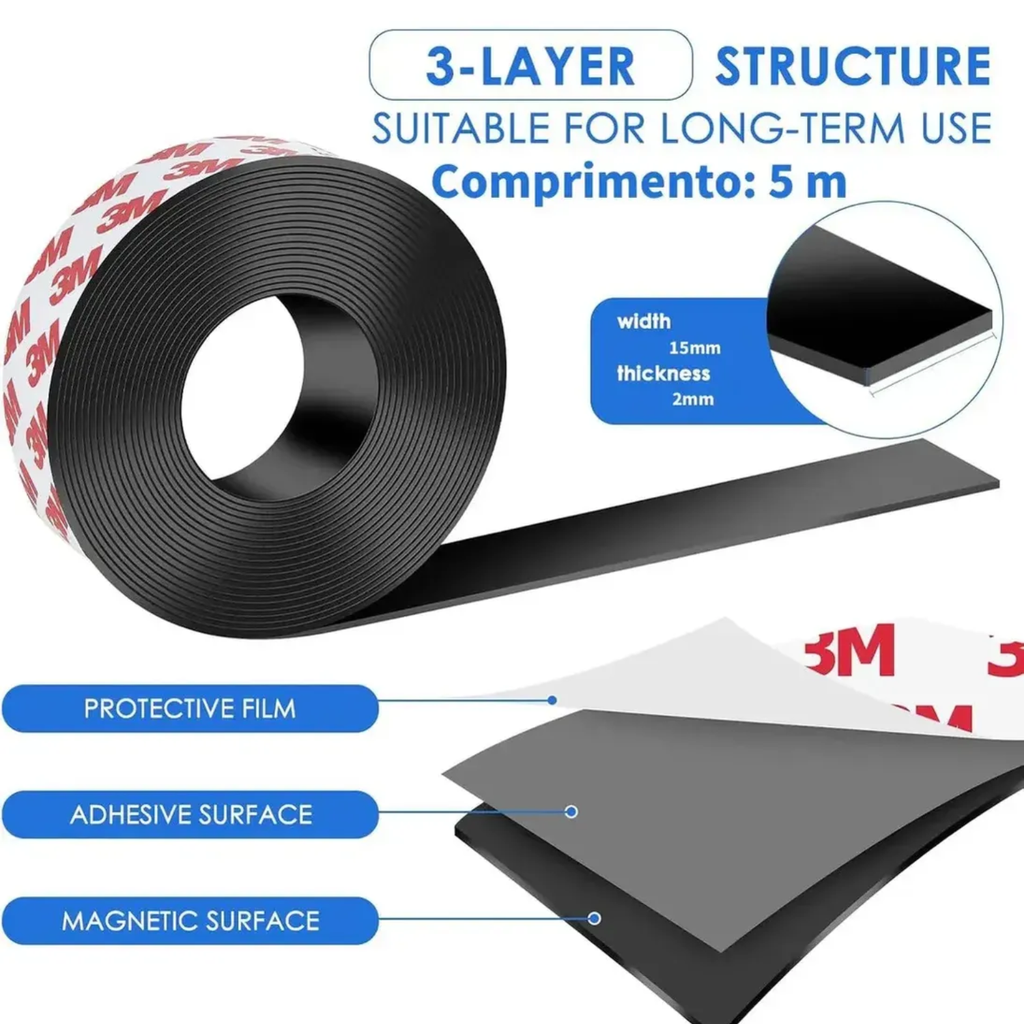 Perfil Magnético Adesivo 3M Fita Imã Flexível 15x2mm 5mts