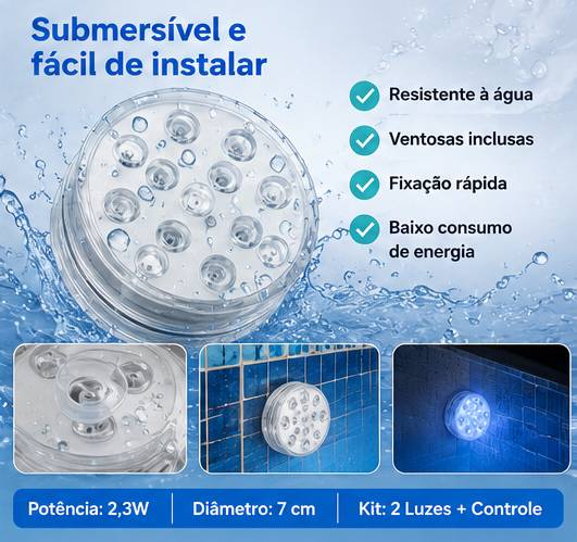 Kit 2 Luz Led Piscina Rgb Controle Remoto Pilha Ventosa