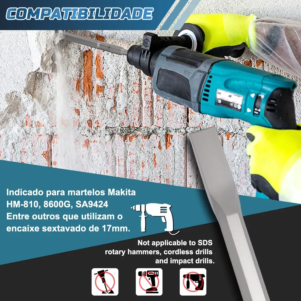 Kit Ponteiro Talhadeira P/ Martelo Rompedor Sextavado 17x280