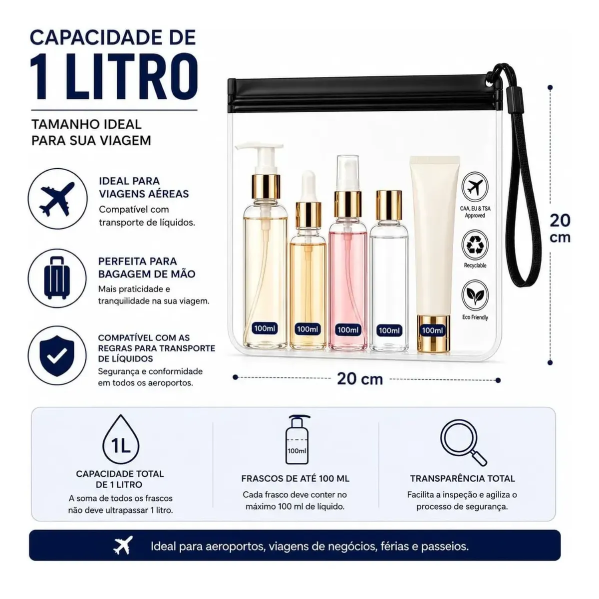 Kit 10 Sacos Ziplock Viagem 20x20 Internacional Transparente