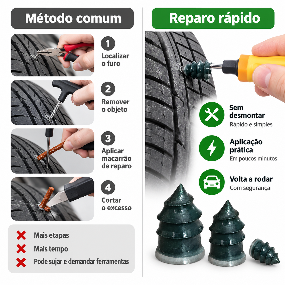 Kit 100 Pinos Parafuso Reparo Remendo Furo Pneus Carro Moto