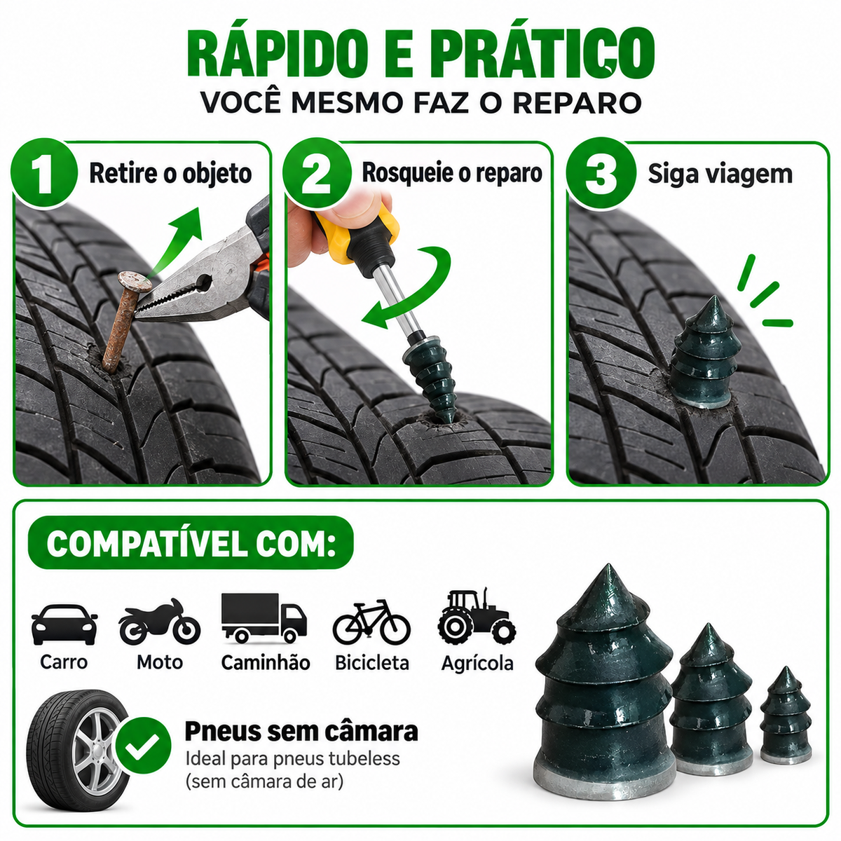 Kit 100 Pinos Parafuso Reparo Remendo Furo Pneus Carro Moto