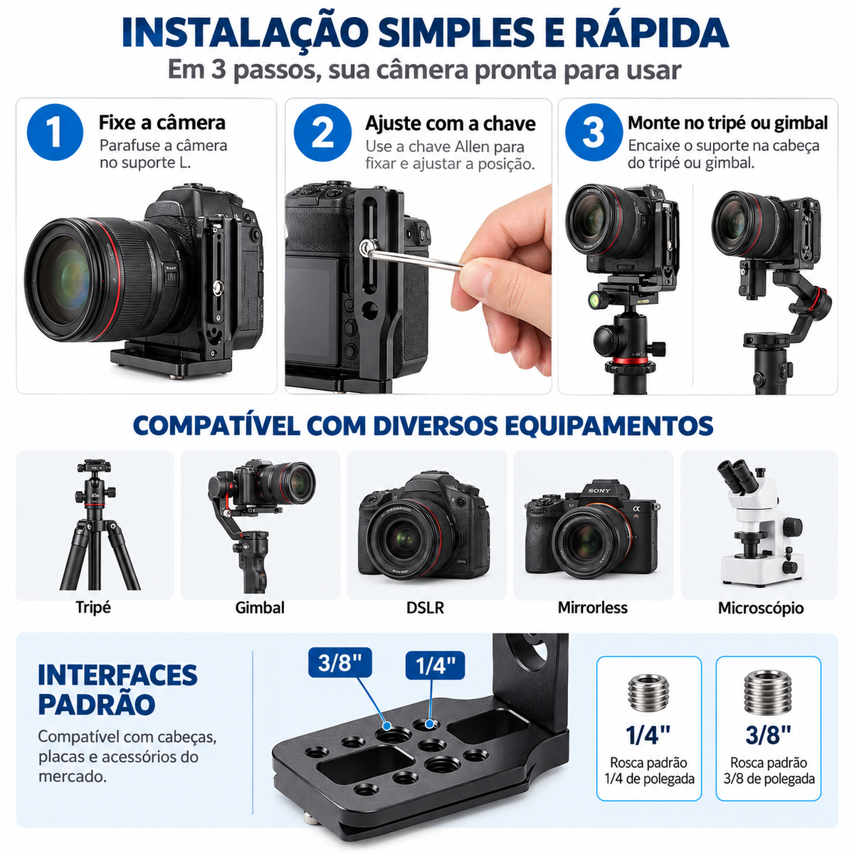 Plate Tripé Gimbal P/ Câmera Na Vertical L Suporte Alumínio