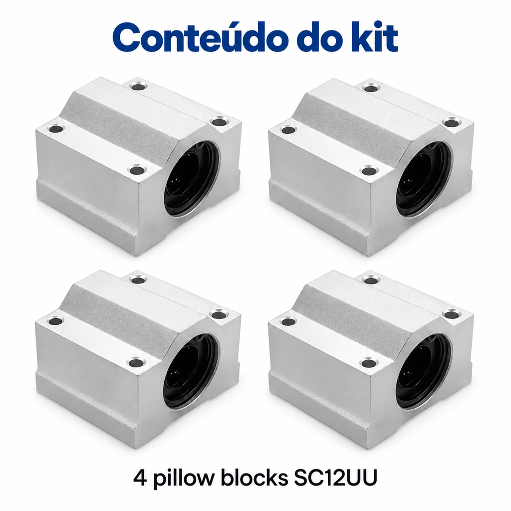 Kit 4 Pillow Block Com Rolamento Linear 12mm Eixo Sc12uu