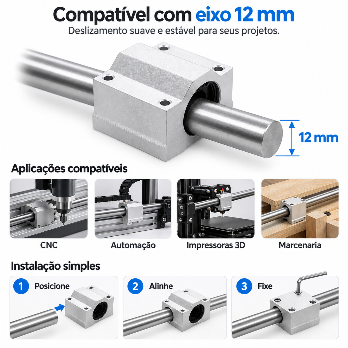 Kit 4 Pillow Block Com Rolamento Linear 12mm Eixo Sc12uu