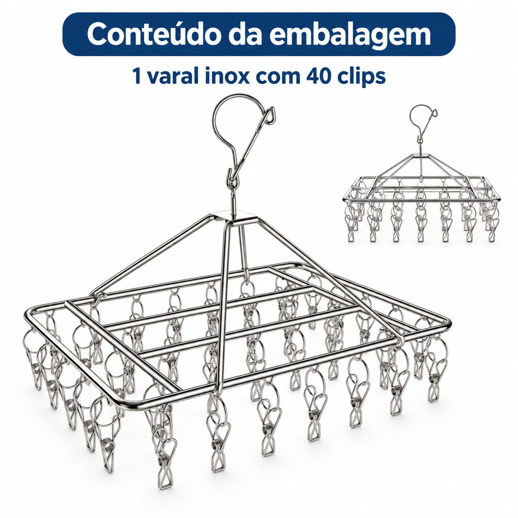 Varal 40 Clips Inox Prendedores Pratico E Retrátil Cabide