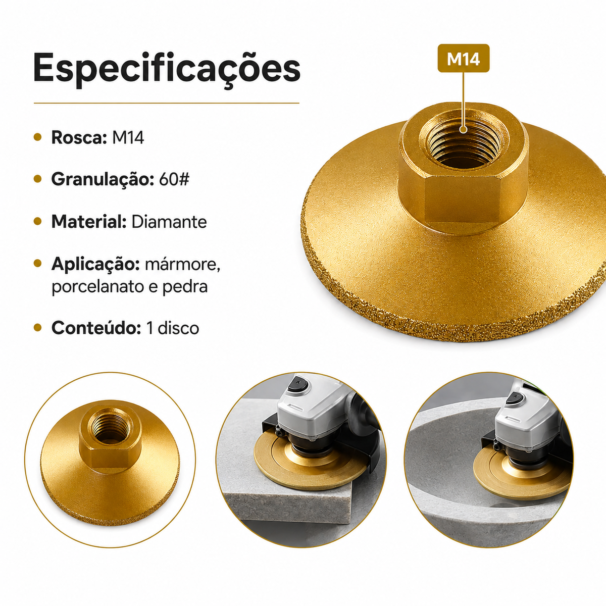Kit 3 M14 Diamantada Desbaste Polimento Mármore 45 60 100#