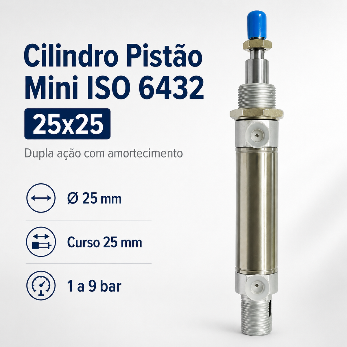 Cilindro Pistão Mini Iso 6432 Diâmetro 25mm Curso 25mm 25x25