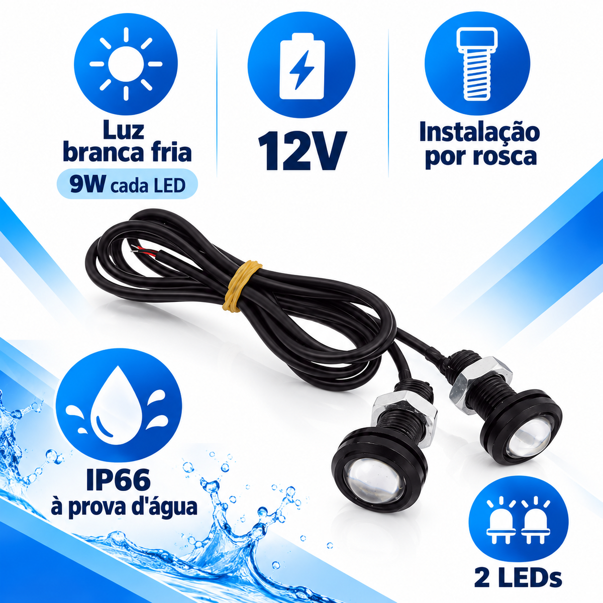 4 Pçs Led Branco Olho De Aguia 18mm + 1 Central Strobo 12v