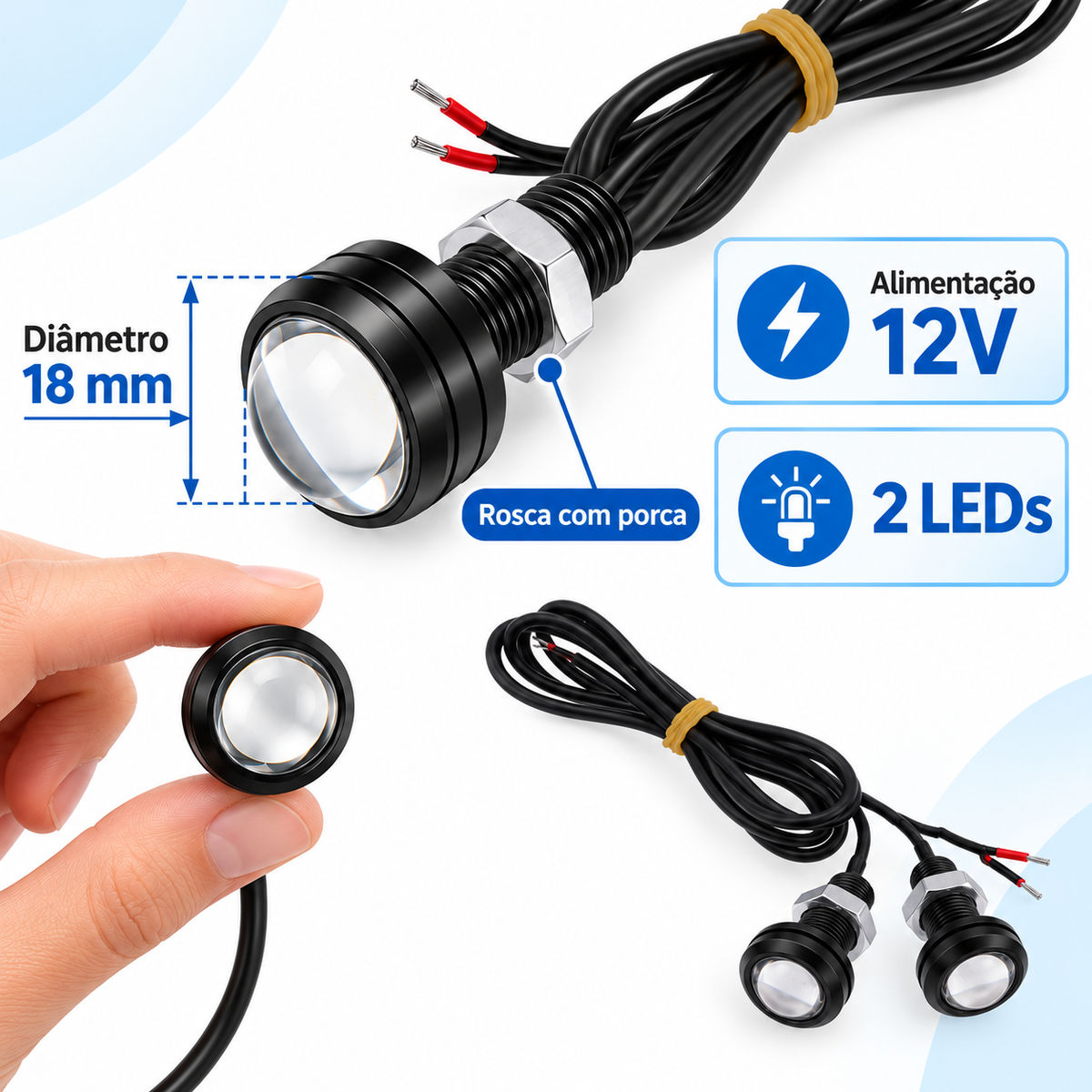 4 Pçs Led Branco Olho De Aguia 18mm + 1 Central Strobo 12v