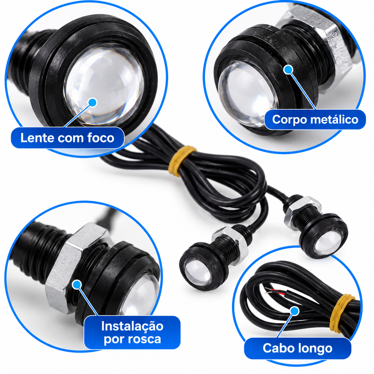 4 Pçs Led Branco Olho De Aguia 18mm + 1 Central Strobo 12v