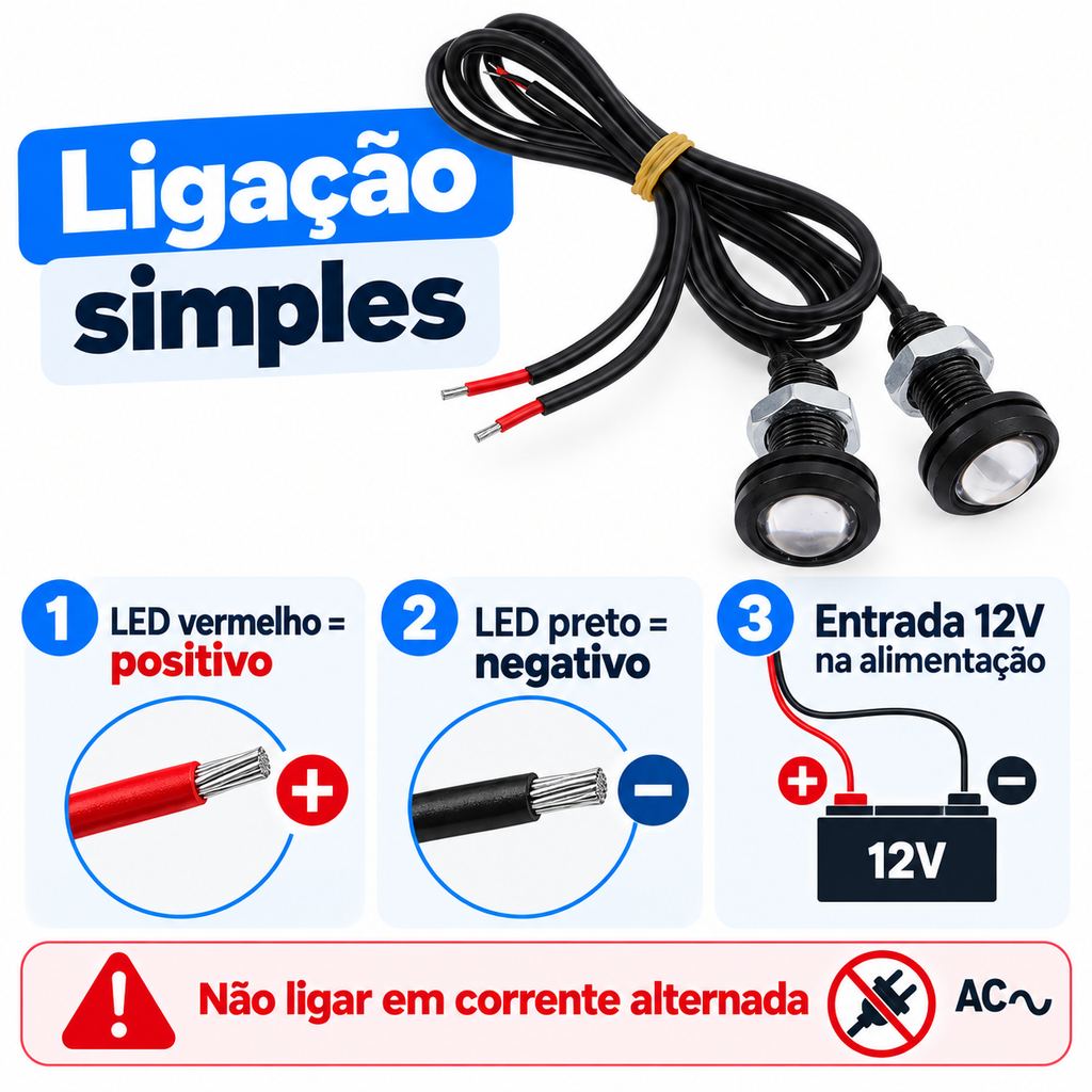 4 Pçs Led Branco Olho De Aguia 18mm + 1 Central Strobo 12v
