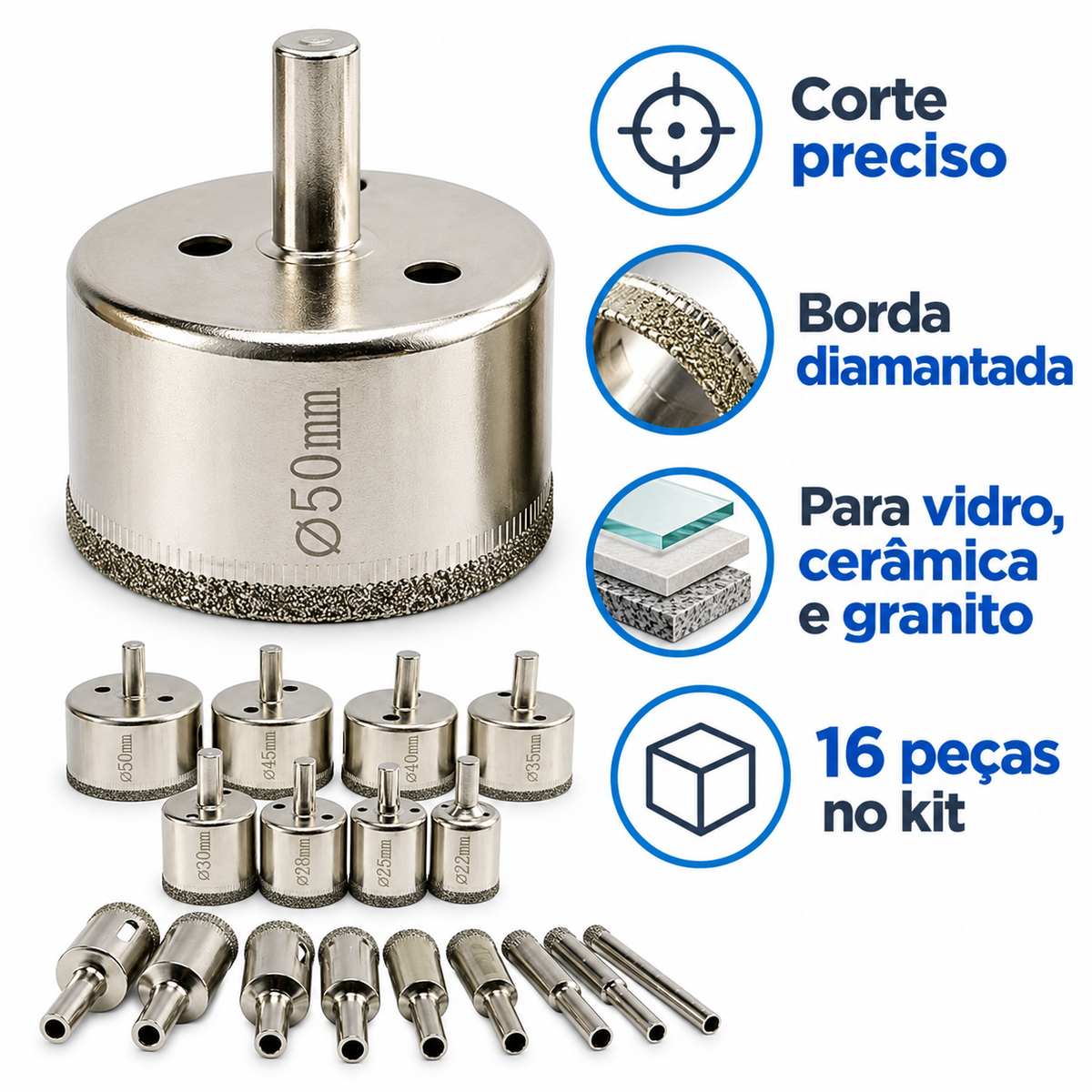 Ogo 16 Brocas Diamantadas Serra Copo Vidro Granito Ceramica