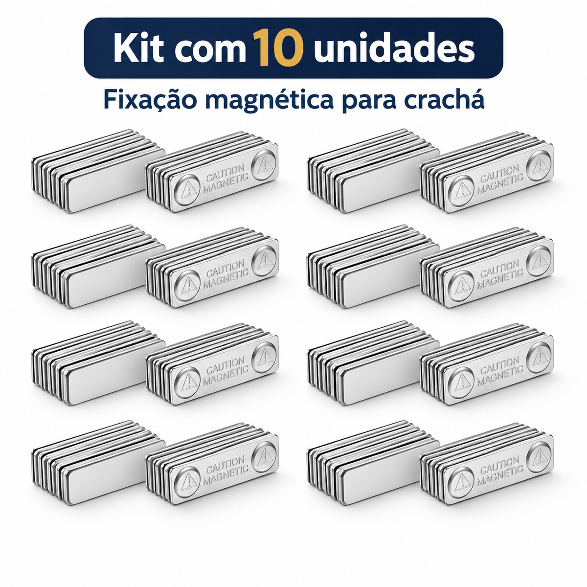 Conjunto Para Crachá Magnético Retangular 10 Unidades Cinza