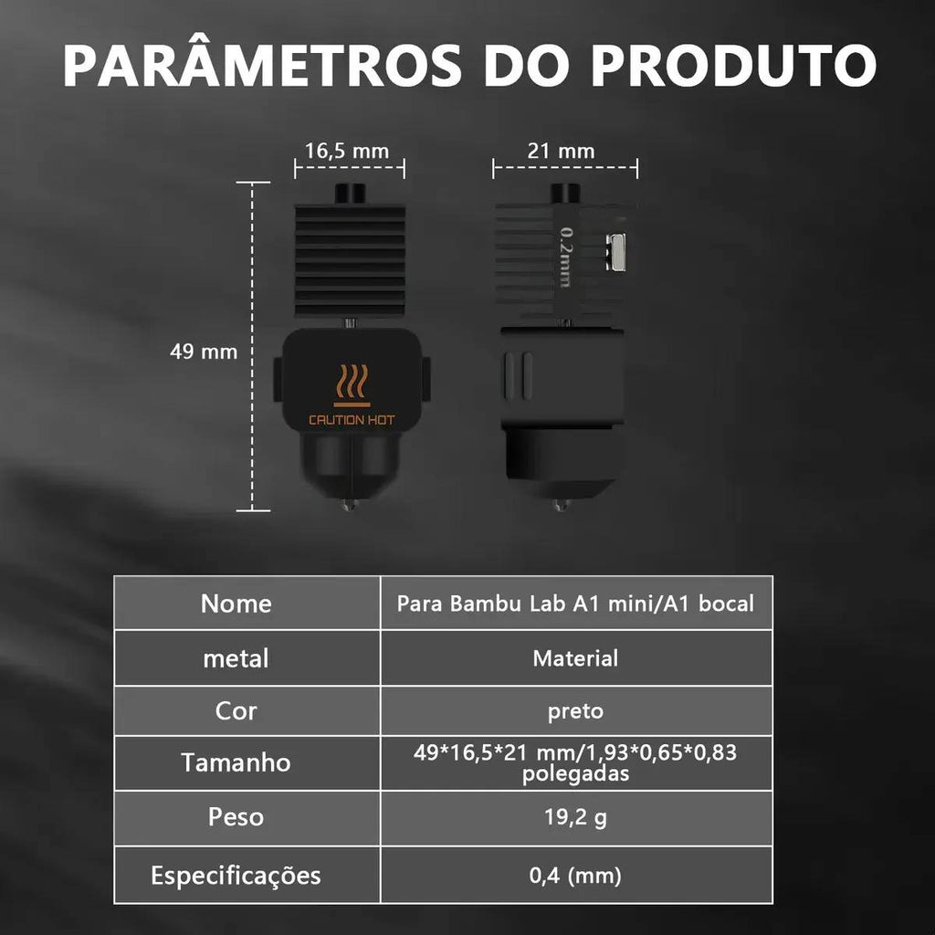 Hotend Com Bico Nozzle Aço Endurecido 0,4mm P/ A1 / A1 Mini