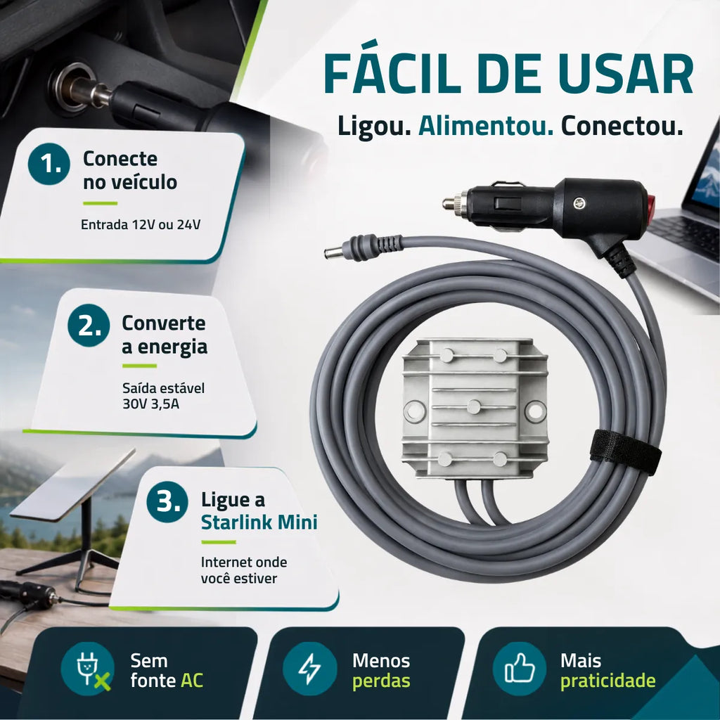 4m Conversor Starlink Mini Entrada 12/24v Saída 30v Veicular