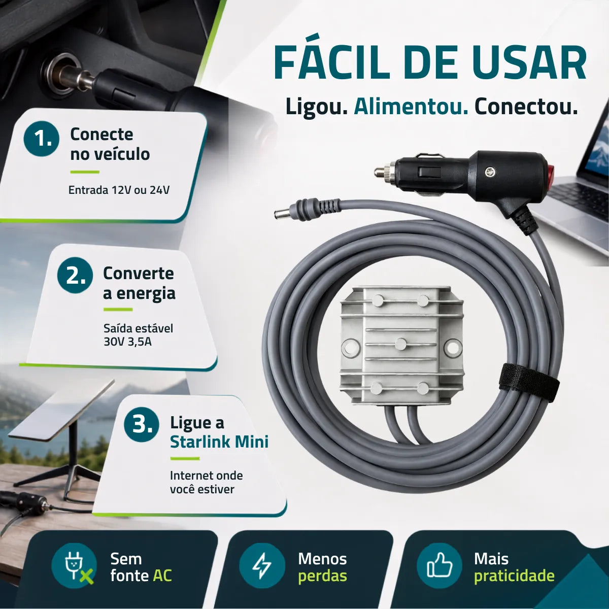 4m Conversor Starlink Mini Entrada 12/24v Saída 30v Veicular